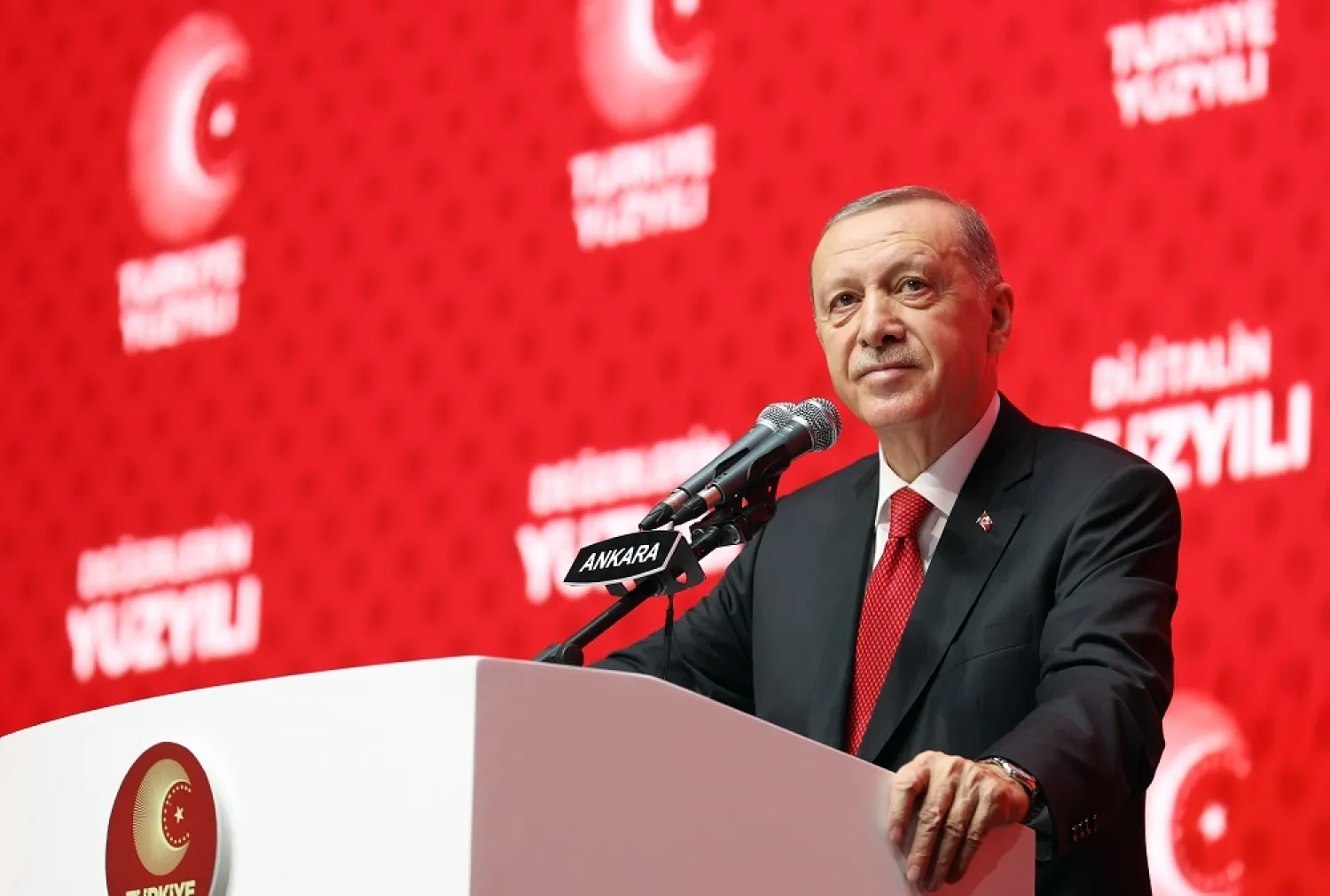 A handout photo made available by the Turkish President’s press office shows Turkish President Recep Tayyip Erdogan speaking during the "Century of Türkiye" meeting in Ankara, Türkiye, 28 October 2022. (EPA/urkish President’s press office)
