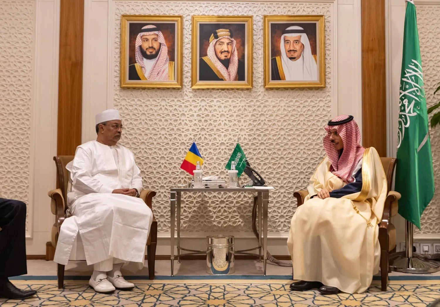 Saudi Foreign Minister Prince Faisal bin Farhan bin Abdullah meets with Chad’s Minister of State for Foreign Affairs, African Integration and Chadians Abroad Awatif Altidjani Ahmed Koiboro in Riyadh. (SPA)