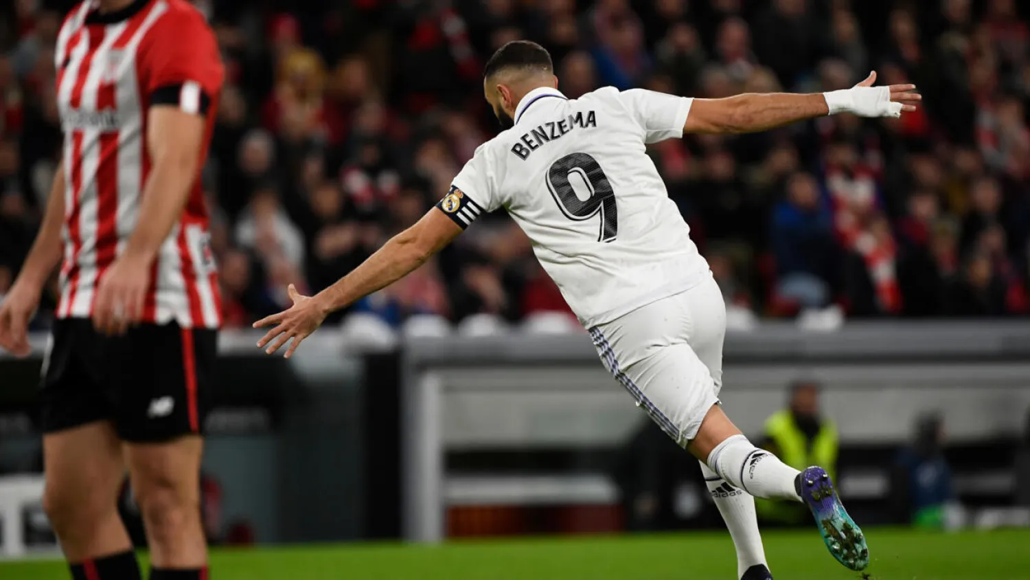 Level with Raul: Real Madrid's Karim Benzema celebrates after scoring against Athletic Bilbao. ANDER GILLENEA / AFP
