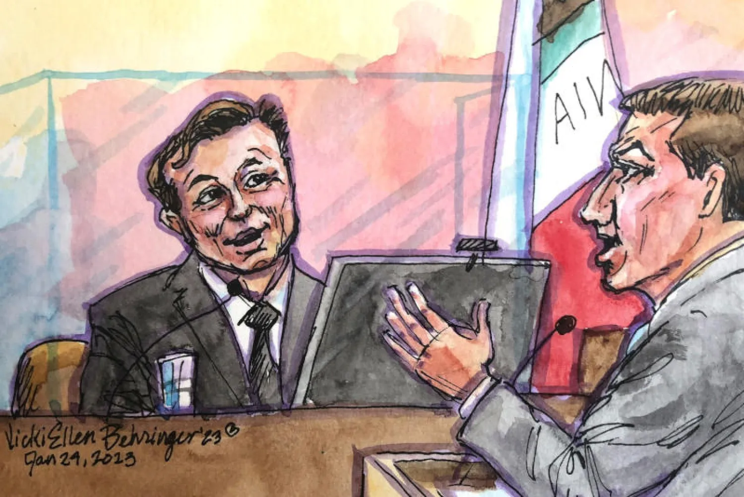 إيلون ماسك في رسم وهو يردّ على أسئلة  محاميه أليكس سبايرو بمحكمة اتحادية في سان فرنسيسكو (رويترز)