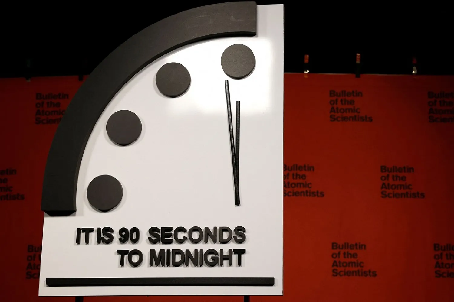 The 2023 Doomsday Clock is displayed before of a live-streamed event with members of the Bulletin of the Atomic Scientists on January 24, 2023 in Washington, DC. (Getty Images via AFP)
