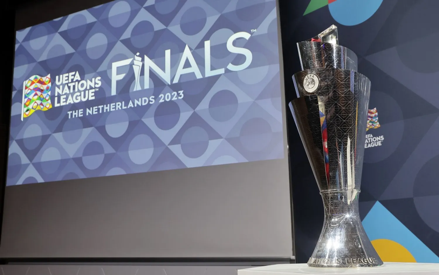 Football - UEFA Nations League Semi Final Draw – Nyon, Switzerland - January 25, 2023 The Nations League trophy is seen on display after the draw. (Reuters)
