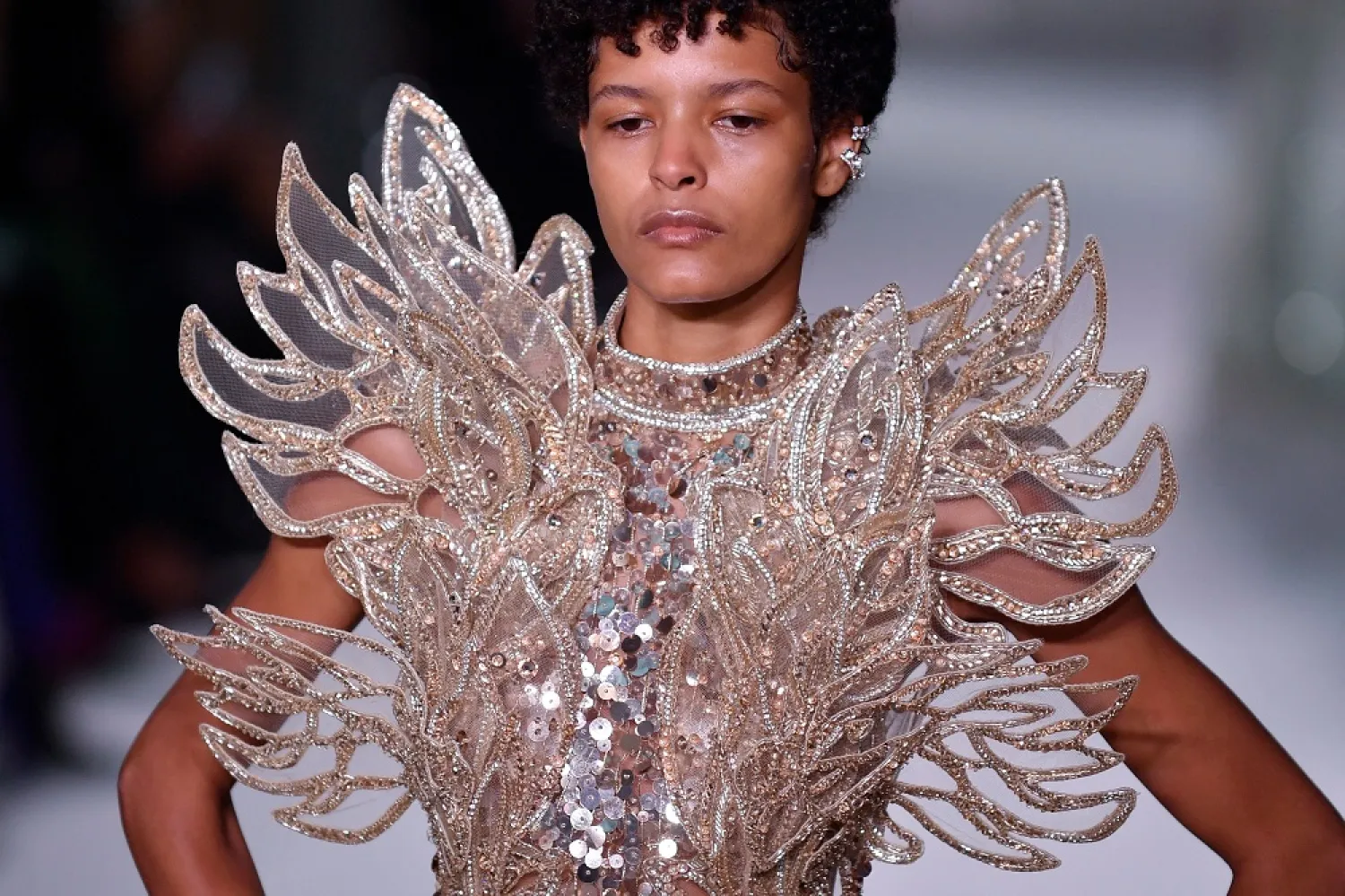 A model presents a creation from Elie Saab Haute-Couture Spring-Summer 2023-2024 collection during Paris Fashion Week in Paris, on January 25, 2023. (AFP)