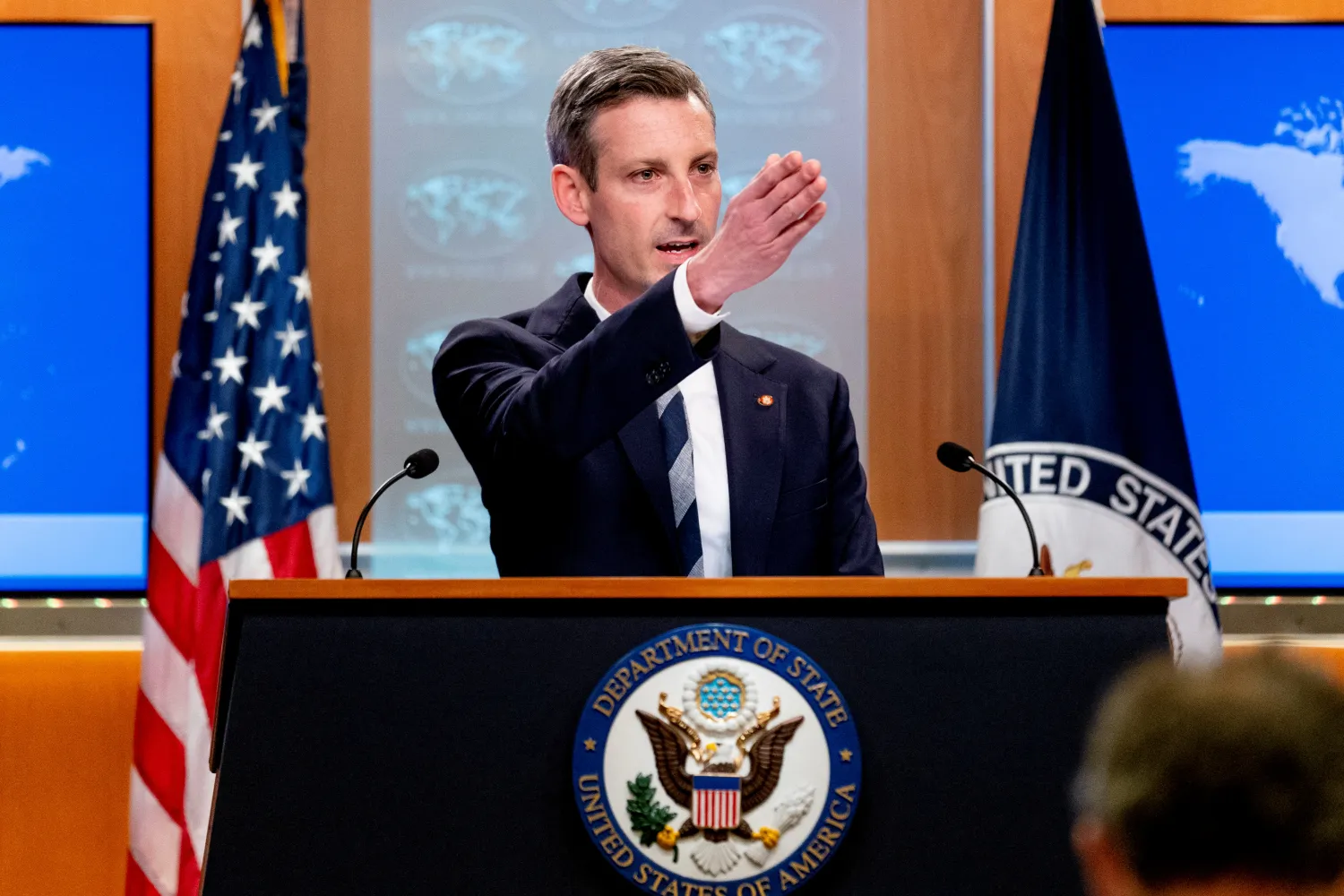 US State Department spokesperson Ned Price gestures at a news conference at the State Department in Washington, DC, US February 28, 2022. Andrew Harnik/Pool via REUTERS