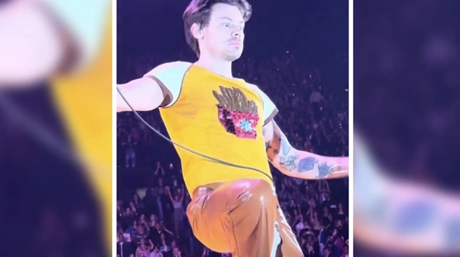 Konserlerinde alışılmışın dışında kıyafetler tercih eden Harry Styles, pantolonu yırtılınca şaşkına döndü (Twitter)