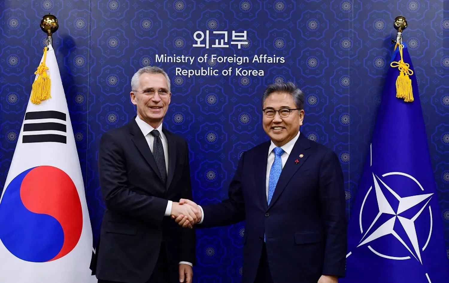 NATO Secretary General Jens Stoltenberg shakes hands with South Korean Foreign Minister Park Jin during their meeting at the Foreign Ministry in Seoul, South Korea January 29, 2023. (Reuters)