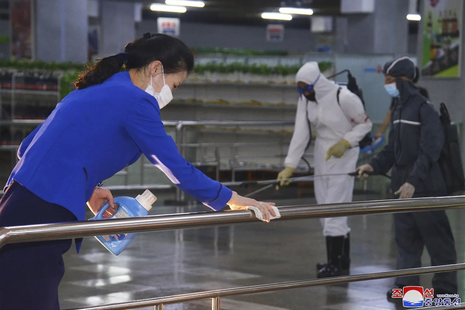 In this photo published on June 28, 2022 by the North Korean government, North Korean employees disinfect a facility at an underground store in Pyongyang, North Korea. (Korean Central News Agency/Korea News Service via AP, File)
