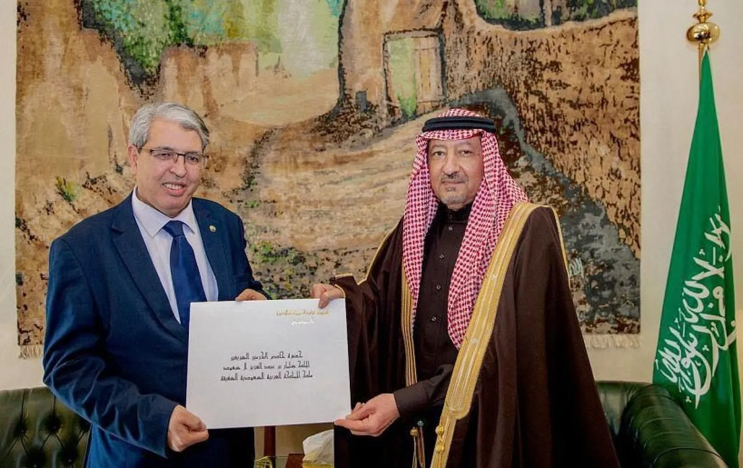 Deputy Minister of Foreign Affairs Eng. Waleed bin Abdulkarim Al-Khuraiji receives the message from Director General of Arab Countries at the Algerian Ministry of Foreign Affairs Ambassador Noureddine Khandoudi. (SPA)