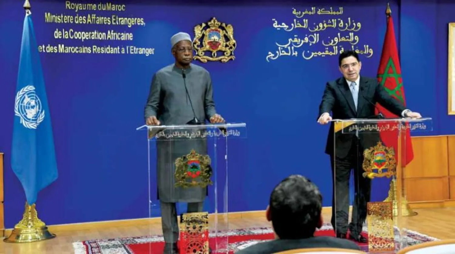 بوريطة وباتيلي خلال المؤتمر الصحافي المشترك في الرباط (وزارة الخارجية المغربية)