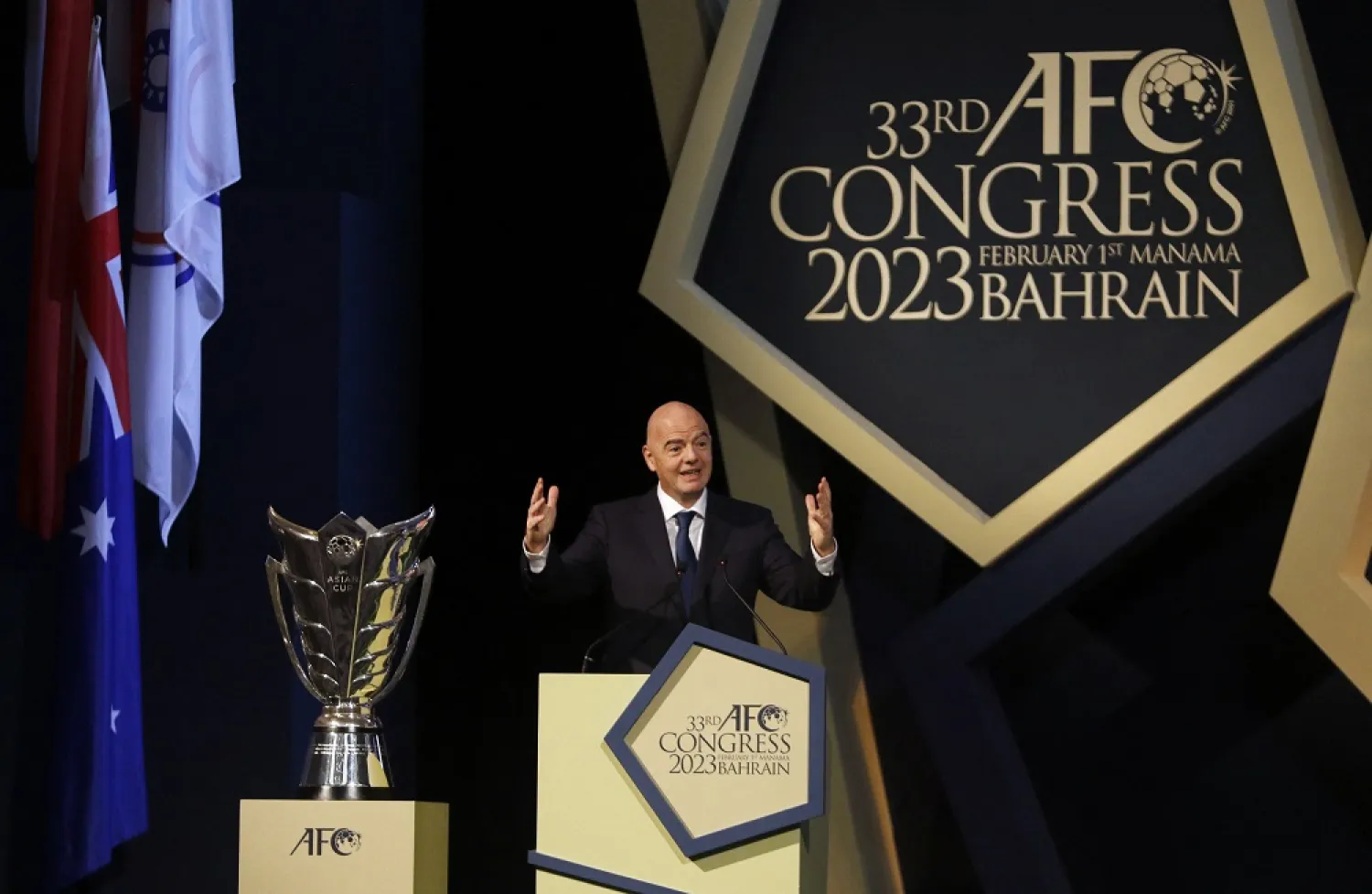 Football - 33rd AFC Congress - Gulf Hotel, Manama, Bahrain - February 1, 2023 FIFA president Gianni Infantino makes a speech during the 33rd AFC Congress. (Reuters)
