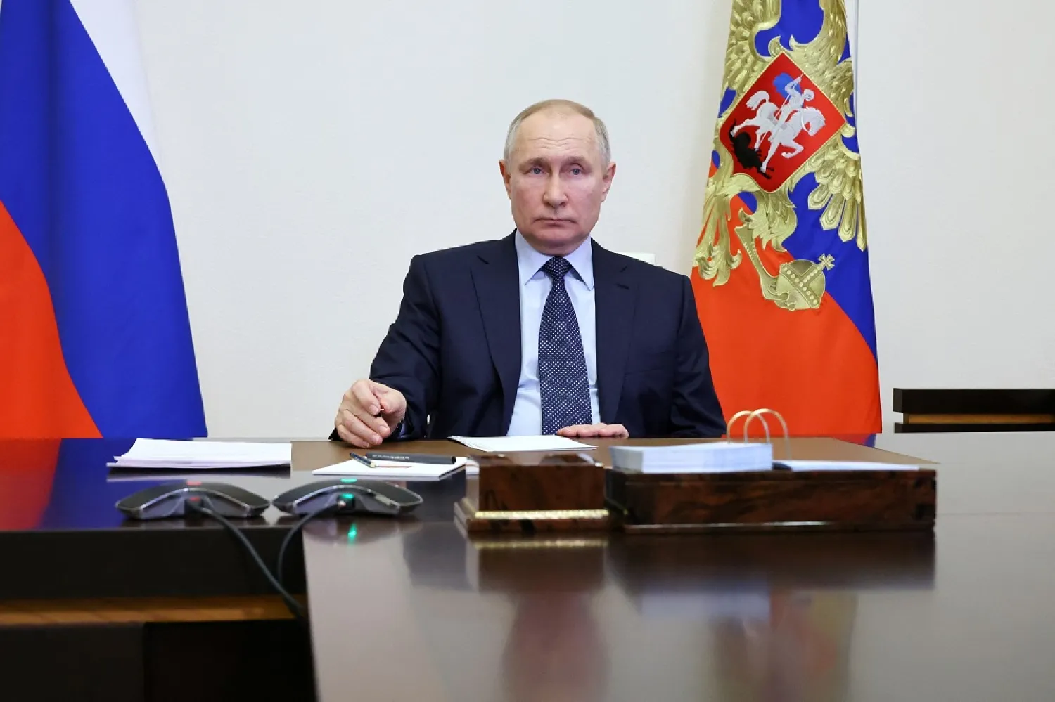Russian President Vladimir Putin chairs a meeting on the restoration of destroyed housing and infrastructure in regions of southwest Russia that border Ukraine, via a video conference at the Novo-Ogaryovo state residence outside Moscow, Russia February 1, 2023. (Kremlin via Reuters)