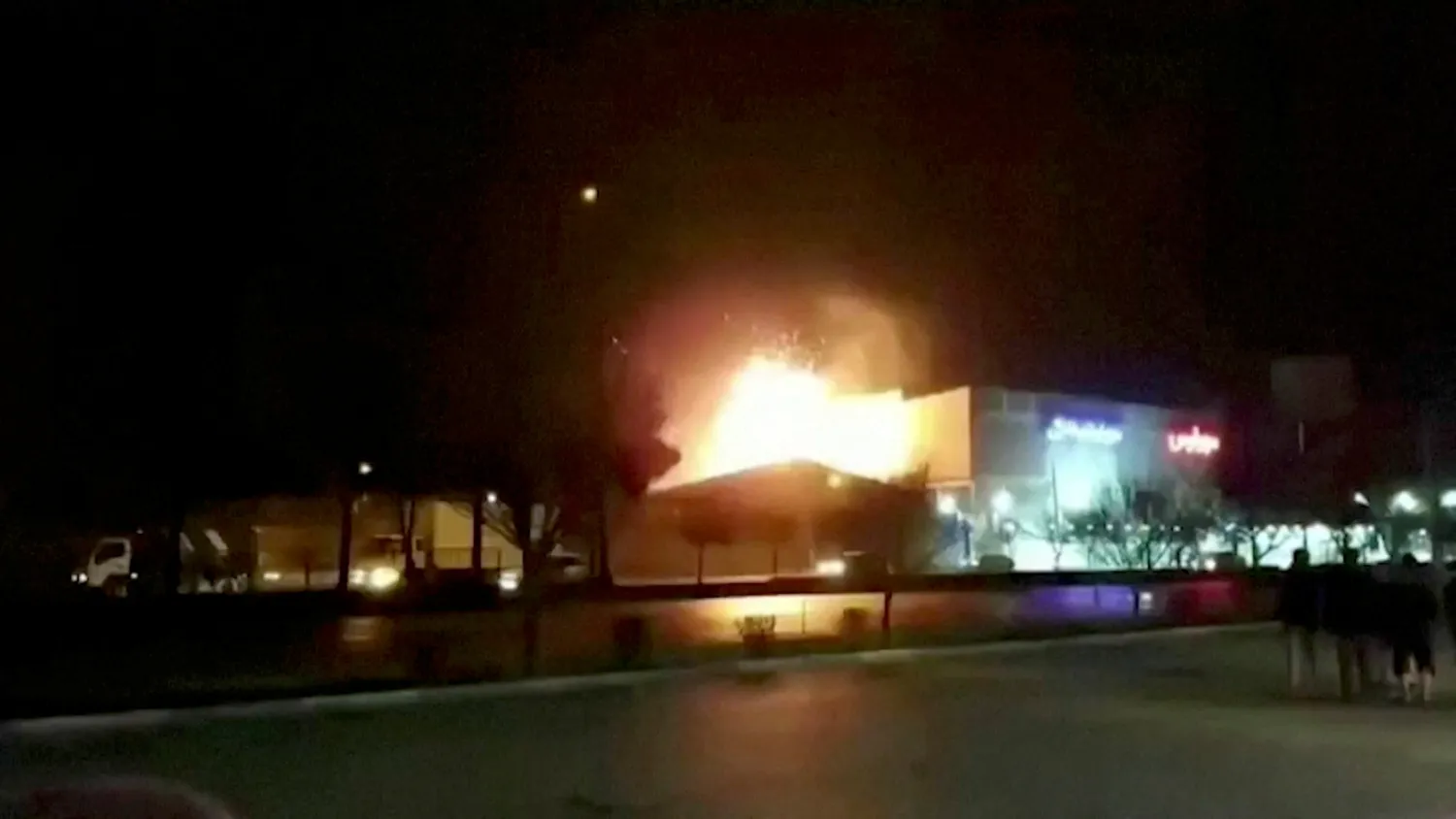 Eyewitness footage shows what is said to be the moment of an explosion at a military industry factory in Isfahan, Iran, January 29, 2023, in this still image obtained from a video. Pool via WANA (West Asia News Agency) via REUTERS