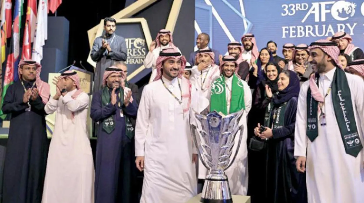 Prince Abdulaziz bin Turki Al-Faisal and the Saudi delegation are seen along with the Asian Nations Cup. Photo: Essa Doubisi 