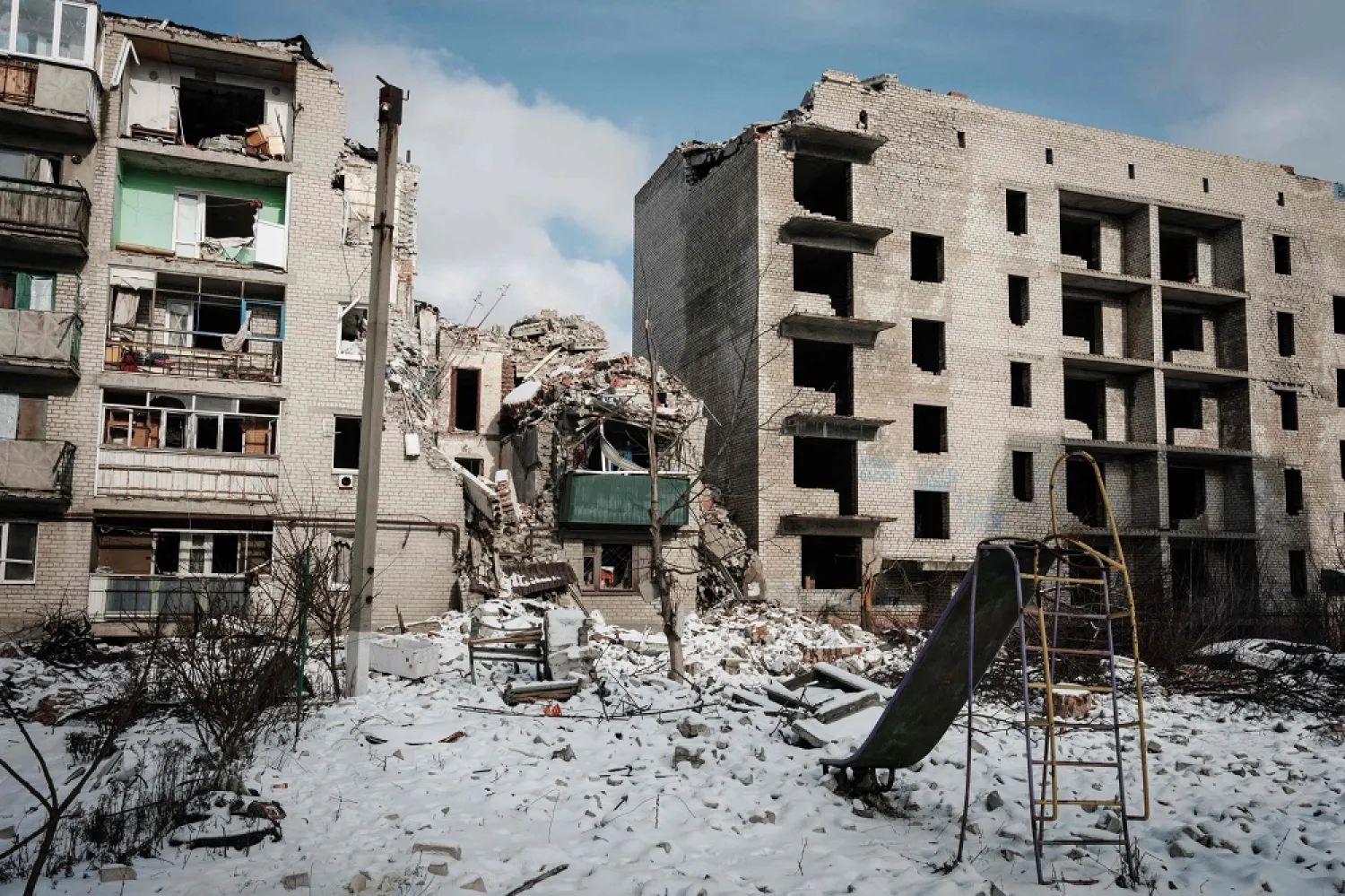 This photograph shows a destroyed building remains in Chasiv Yar on February 5, 2023, amid the Russian invasion of Ukraine. (AFP)