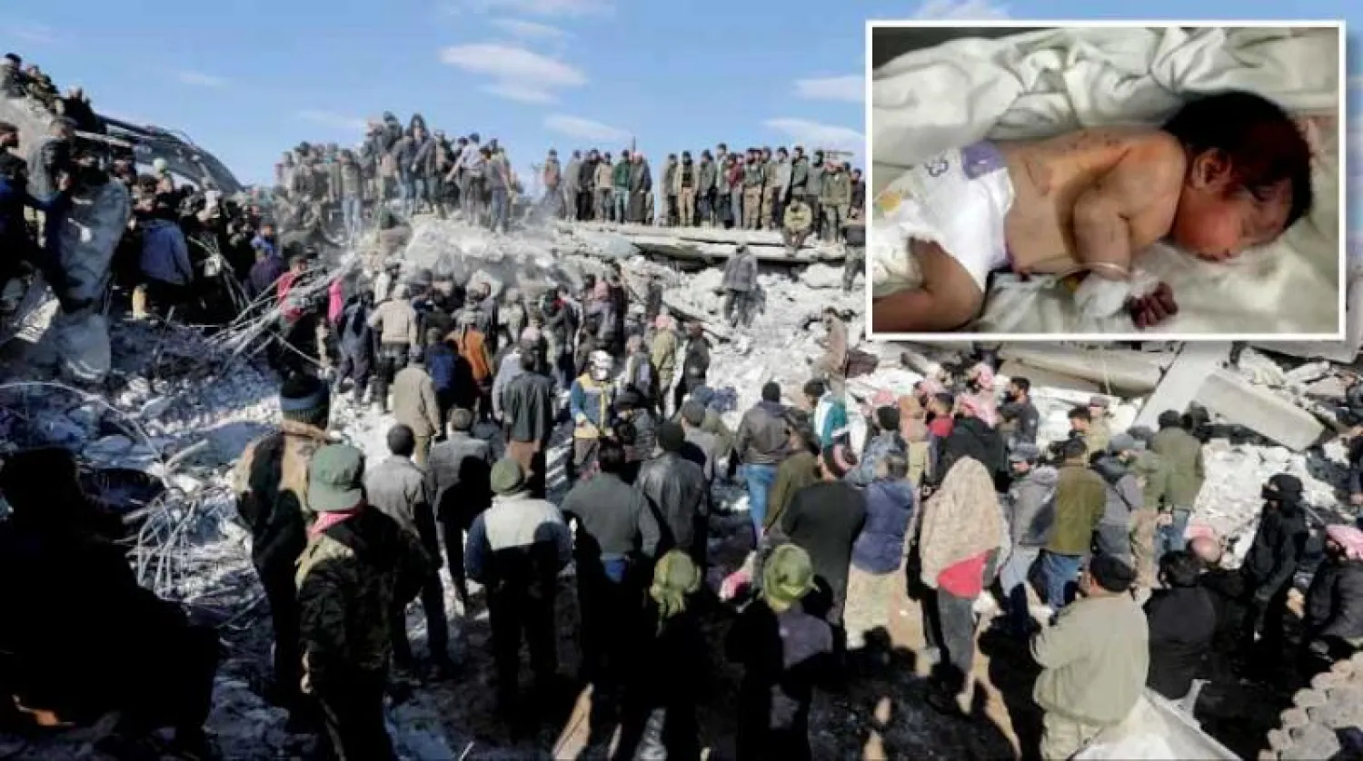 سوريون يبحثون عن ناجين وضحايا بين الأنقاض في جنديرس بريف عفرين أمس (رويترز) ... وفي الإطار الرضيعة التي ولدت تحت الركام في البلدة (أ.ب)
