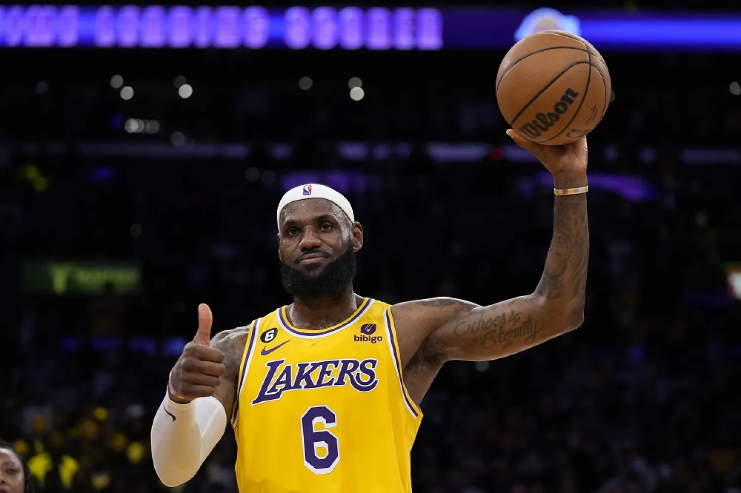 Los Angeles Lakers forward LeBron James gestures after passing Kareem Abdul-Jabbar to become the NBA's all-time leading scorer during the second half of an NBA basketball game against the Oklahoma City Thunder Tuesday, Feb. 7, 2023, in Los Angeles. (AP) 