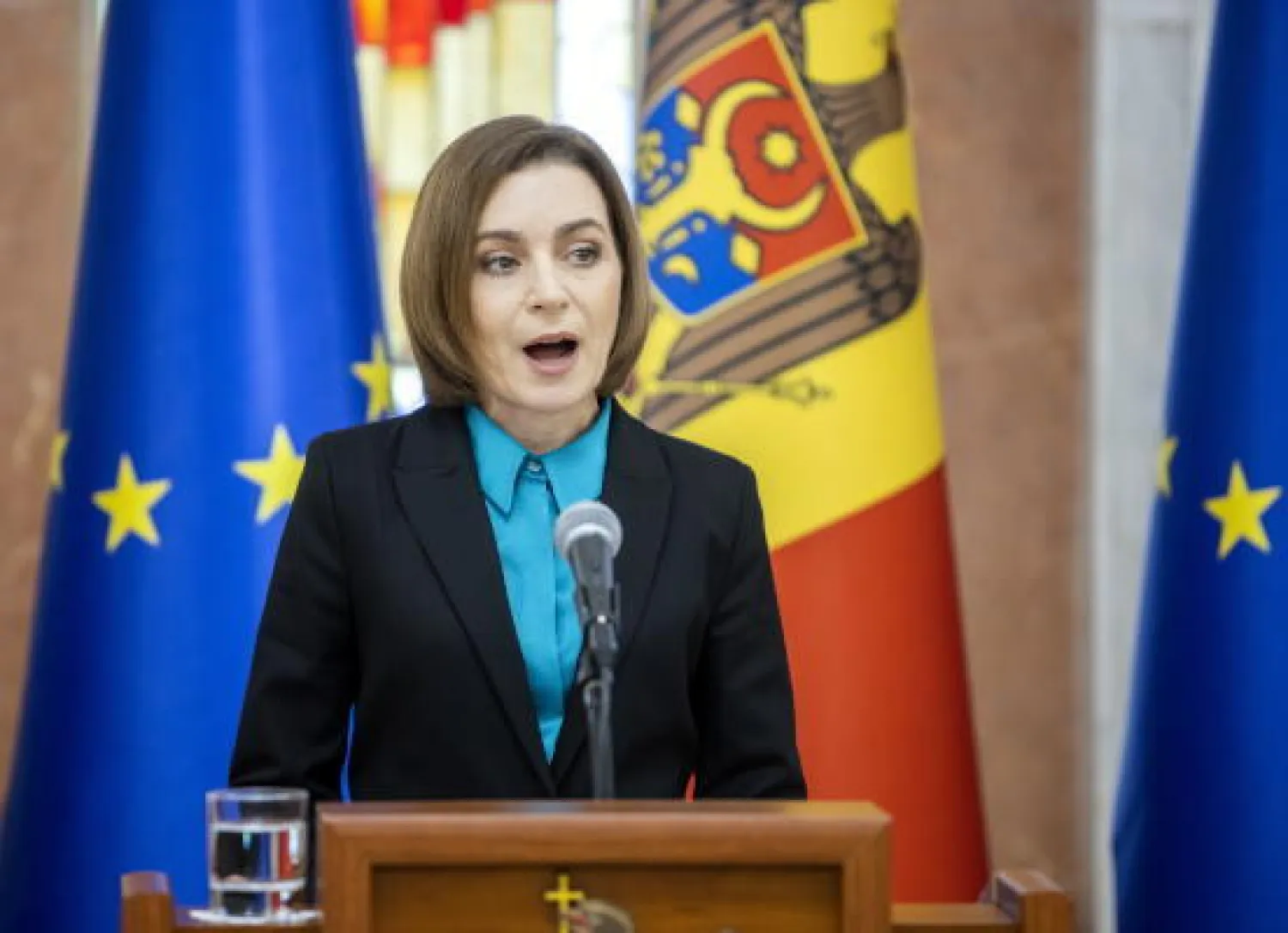 الرئيسة المولدافية خلال حديثها في المؤتمر الصحافي اليوم (إ.ب.أ)