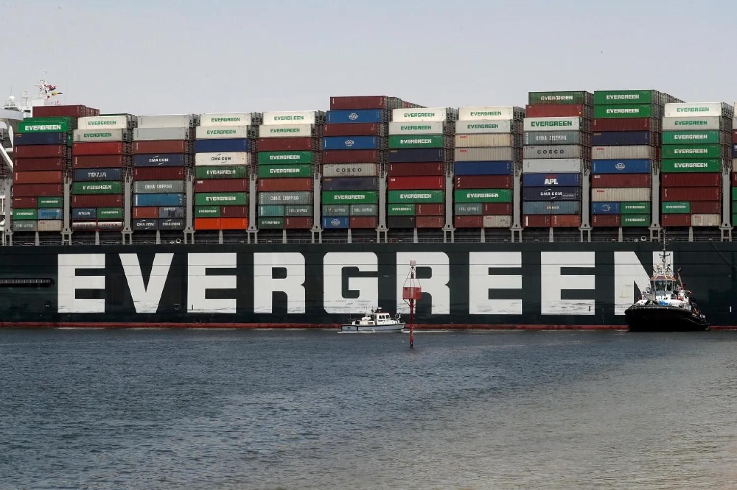 Ever Given, one of the world's largest container ships, sets sail to leave through Suez Canal after the canal authority reached a settlement with the vessel's owner and insurers, in Ismailia, Egypt, July 7, 2021. (Reuters)