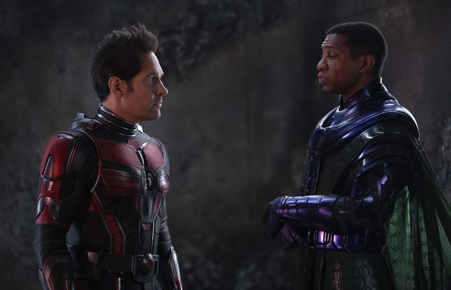 This image released by Disney shows Paul Rudd, left, and Jonathan Majors in a scene from "Ant-Man and the Wasp: Quantumania." (Disney/Marvel Studios via AP) 