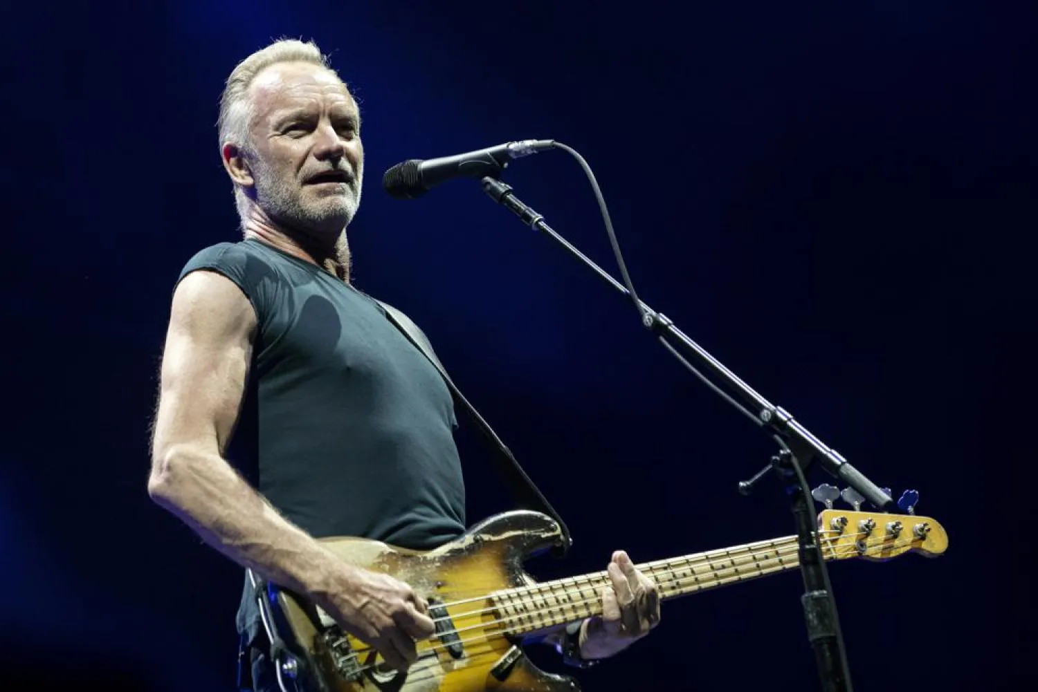British musician Sting performs during his concert in Papp Laszlo Budapest Sports Arena in Budapest, Hungary, on July 2, 2019. (AP)