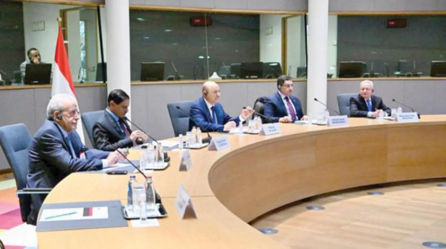 The head of the Presidential Leadership Council, Rashad al-Alimi, during his meeting with officials in Brussels (Saba news agency)

