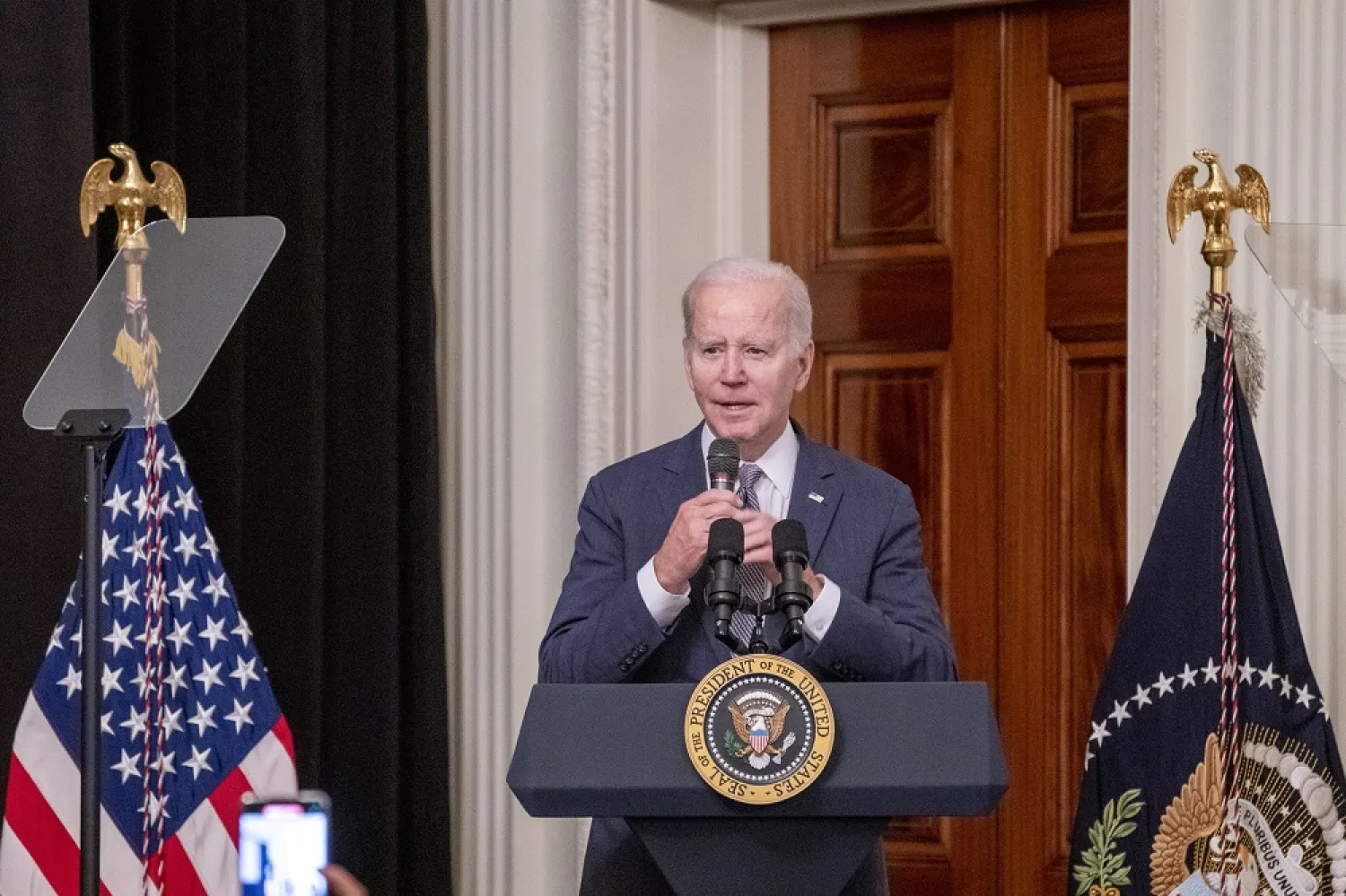 US President Joe Biden delivers remarks prior to the screening of "Till" in the East Room of the White House in Washington, DC, USA 16 February 2023. (EPA)