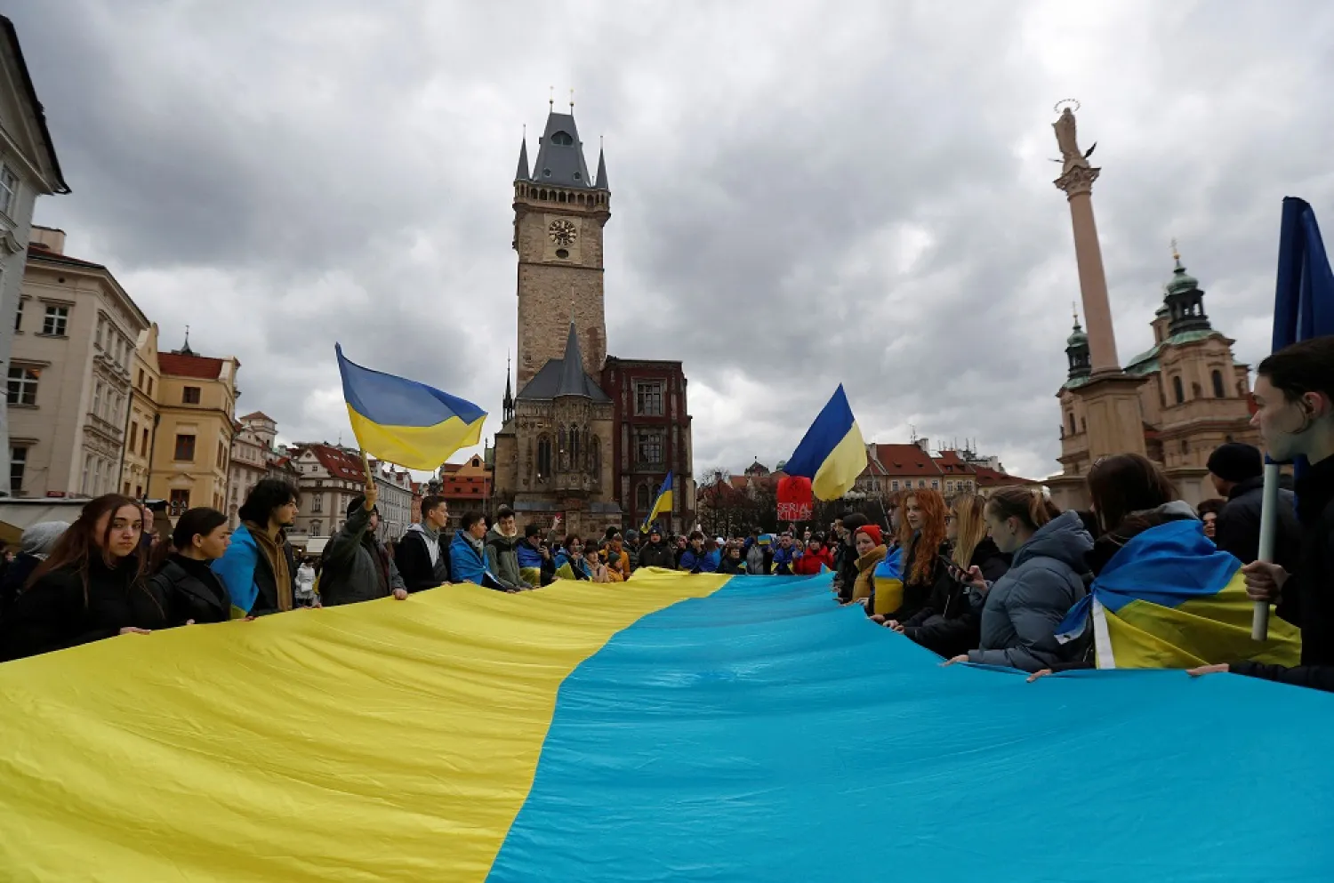 People attend a protest to mark the one-year anniversary of the Russian invasion of Ukraine, in Prague, Czech Republic, February 24, 2023. (Reuters)