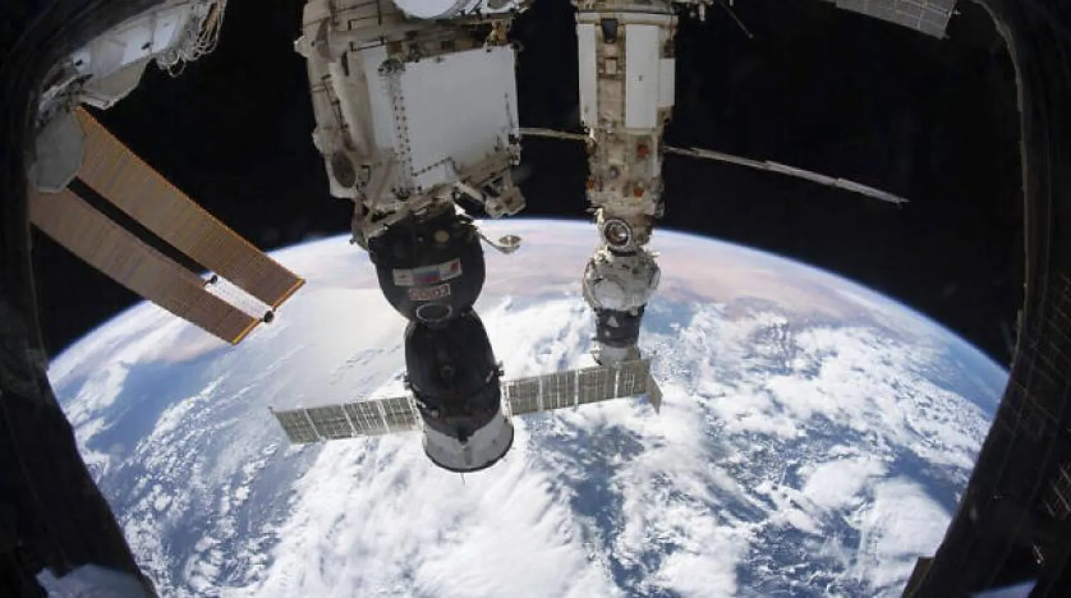 In this Dec. 6, 2021, file photo provided by NASA, the International Space Station orbited 264 miles above the Tyrrhenian Sea with the Soyuz MS-19 crew ship docked to the Rassvet module and the Prichal module, still attached to the Progress delivery craft, docked to the Nauka multipurpose module. (NASA via AP, File)
