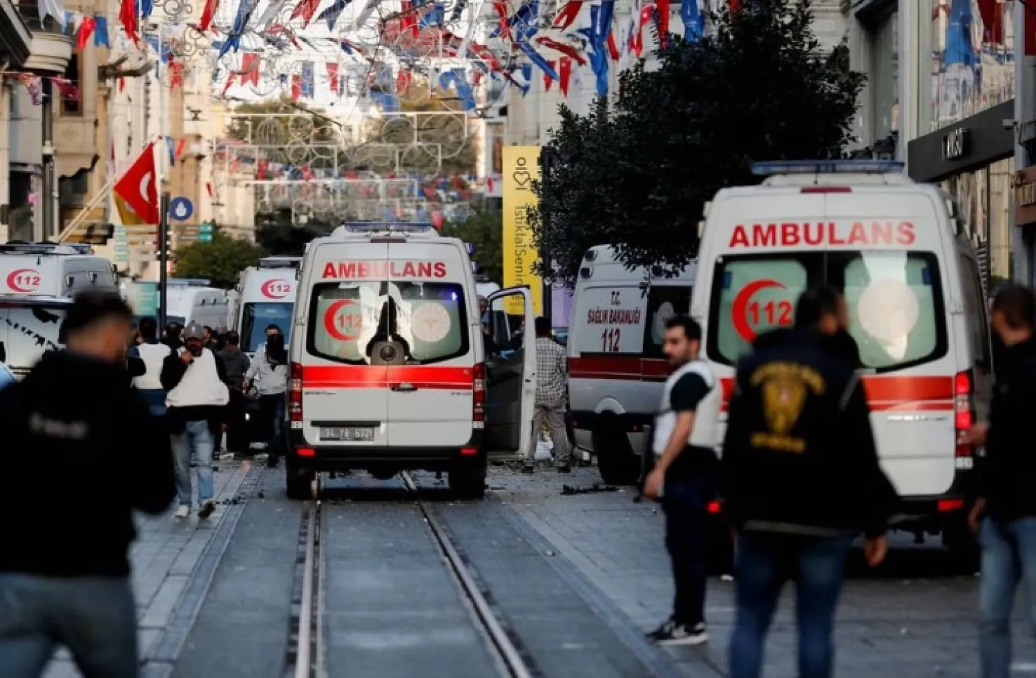View of ambulances at the scene after an explosion on busy pedestrian Istiklal street in Istanbul, Türkiye, November 13, 2022. REUTERS/Kemal Aslan