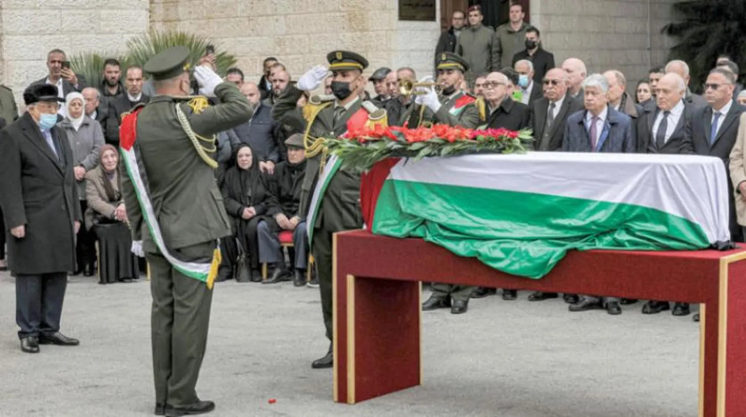Palestinian President Mahmoud Abbas (L) prays during the funeral of late Palestinian prime minister Ahmed Qorei in the city of Ramallah in the occupied West Bank on February 22, 2023. (Photo by AHMAD GHARABLI / AFP)