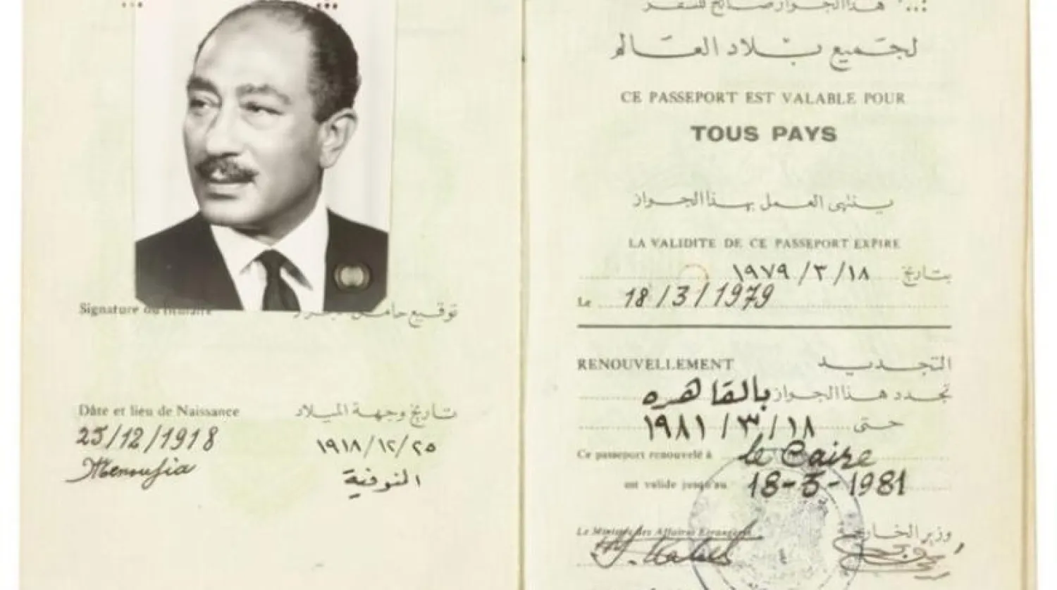 Enver Sedat'ın pasaportunun 1974 - 1981 yılları arasında geçerli olduğu bildirildi. (Heritage Auctions)