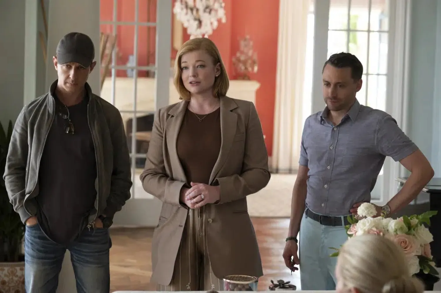 This image released by HBO shows, from left, Jeremy Strong, Sarah Snook and Kieran Culkin in a scene from the fourth season of "Succession.". (HBO via AP)