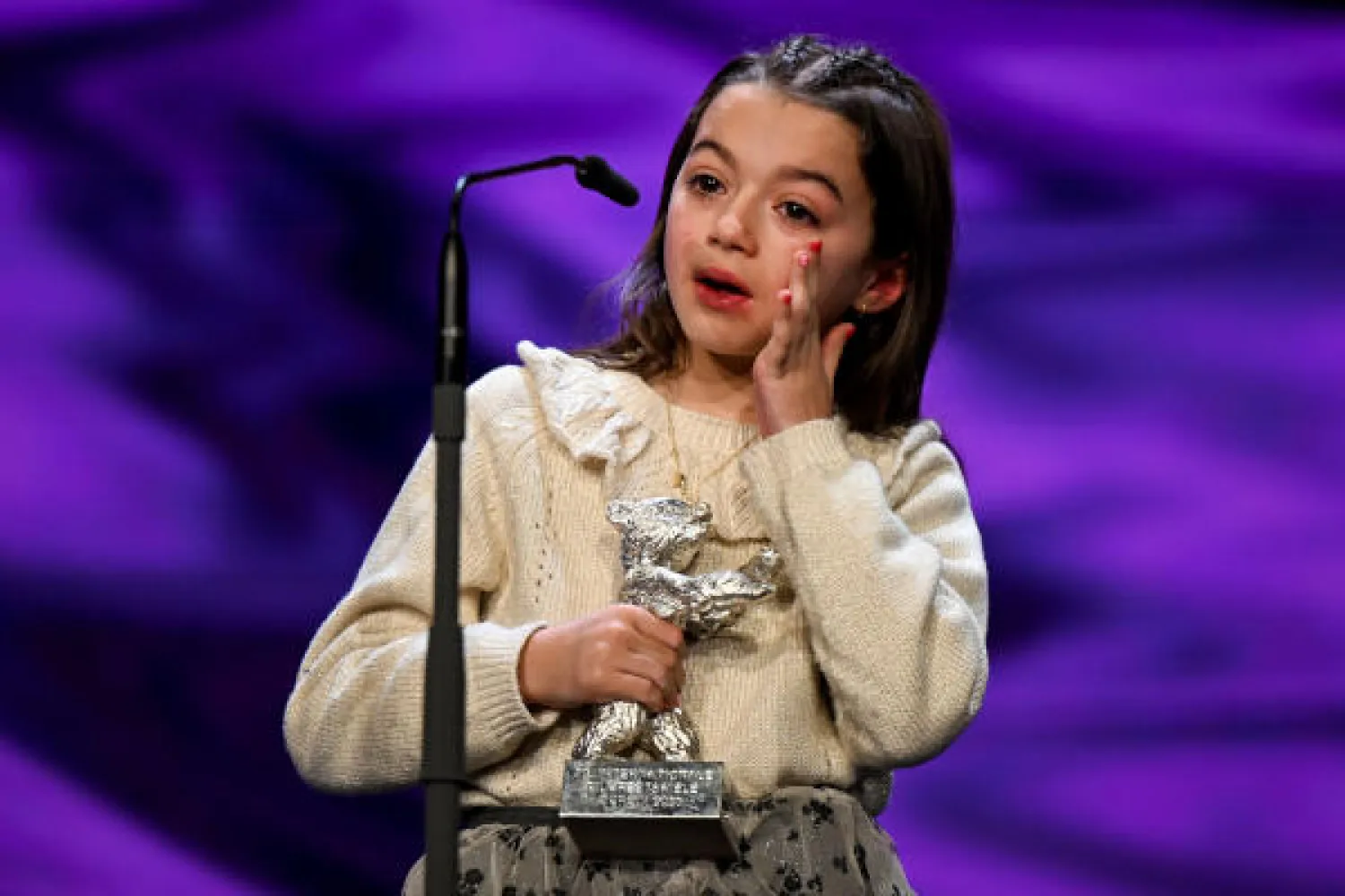 25 February 2023, Berlin: Sofia Otero receives the Silver Bear for Best Acting Performance in a Leading Role during the awards ceremony of the 73rd Berlin International Film Festival (Berlinale), which takes place in Berlin from Feb. 16-26, 2023. Photo: Monika Skolimowska/dpa
