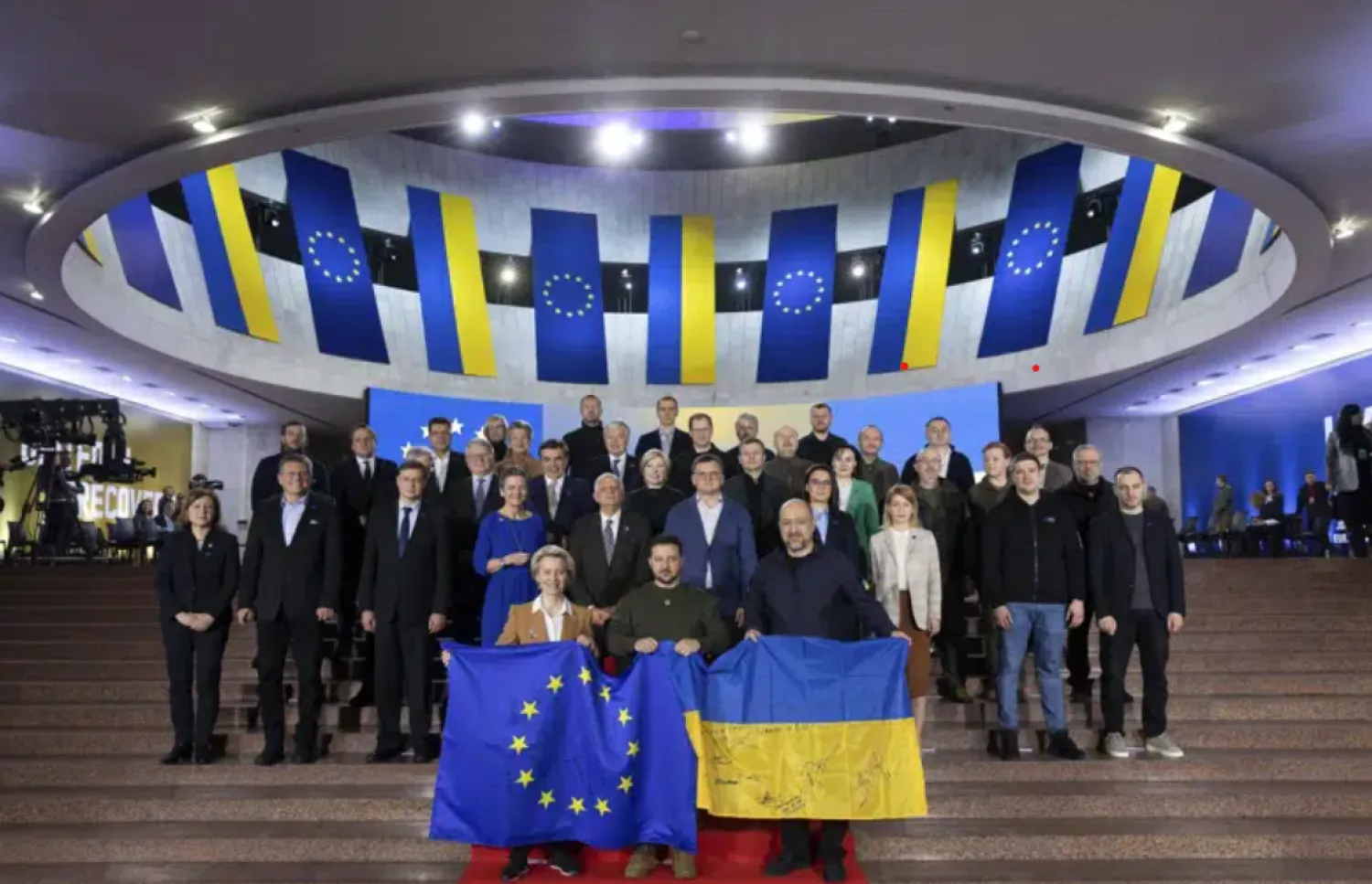 FILE - In this photo provided by the Ukrainian Presidential Press Office, Ukrainian President Volodymyr Zelenskyy, center, European Commission President Ursula von der Leyen, left, Ukrainian Prime Minister Denys Shmyhal, EU and Ukraine official pose for a photo during the EU-Ukraine summit in Kyiv, Ukraine, Thursday, Feb. 2, 2023.  (Ukrainian Presidential Press Office via AP, File)
