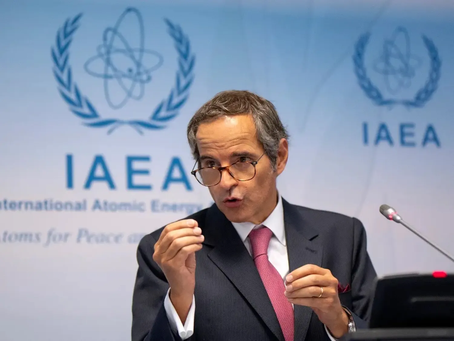 A file photo shows Rafael Grossi, IAEA’s chief speaks during a press conference at the agency’s headquarters in Vienna, Austria on September 14, 2020. (AFP)