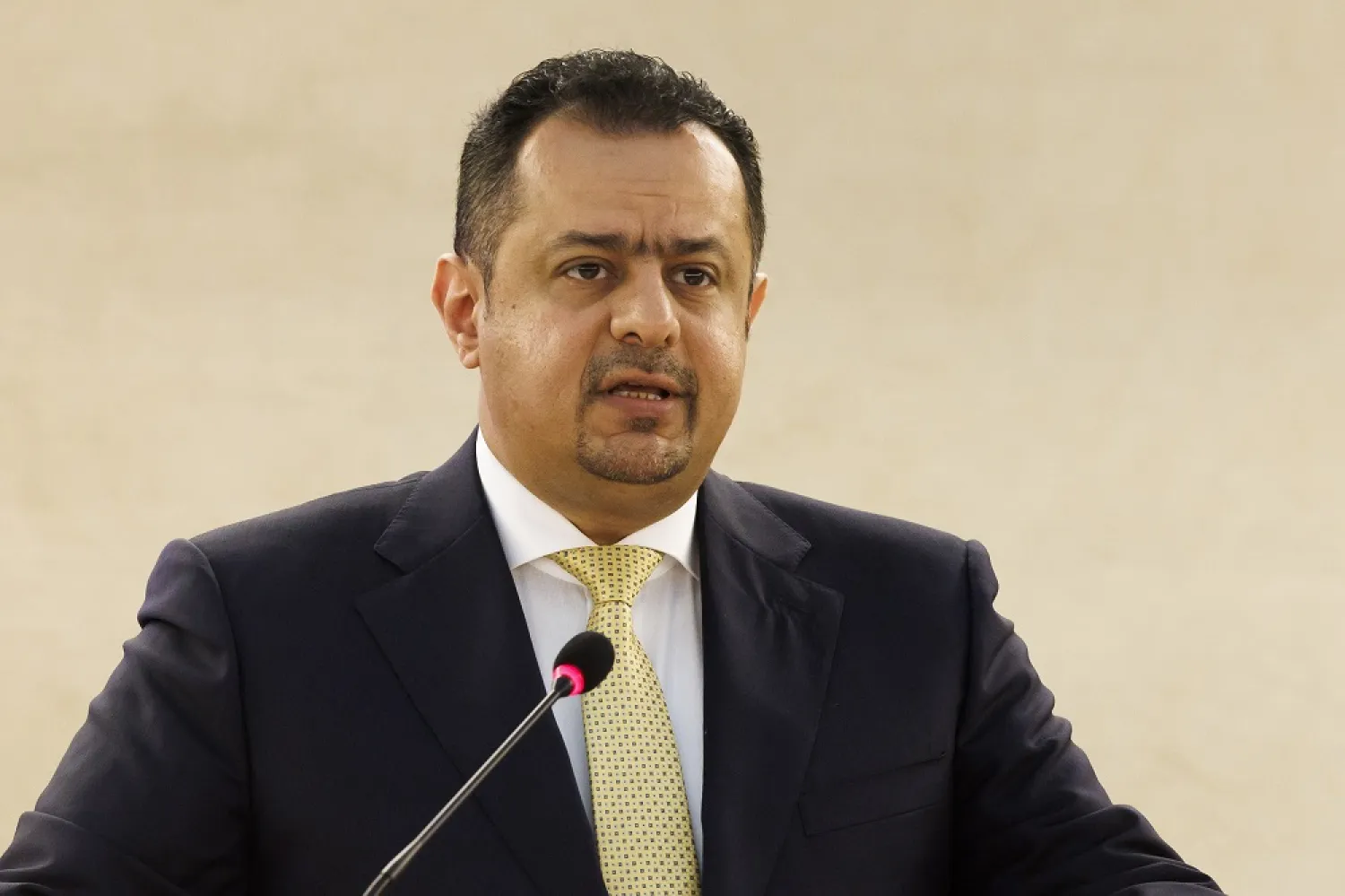 Yemen's Prime Minister Maeen Abdulmalik addresses his statement, during the opening of the High-Level Segment of the 52nd session of the Human Rights Council, at the European headquarters of the United Nations in Geneva, Switzerland, 27 February 2023. (EPA)
