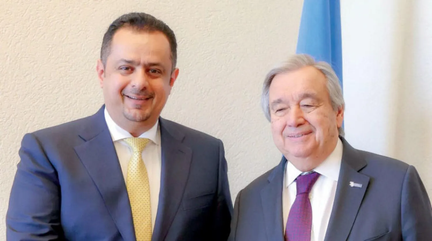 رئيس الحكومة اليمنية (يسار) مع الأمين العام للأمم المتحدة في جنيف الاثنين الماضي (سبأ)