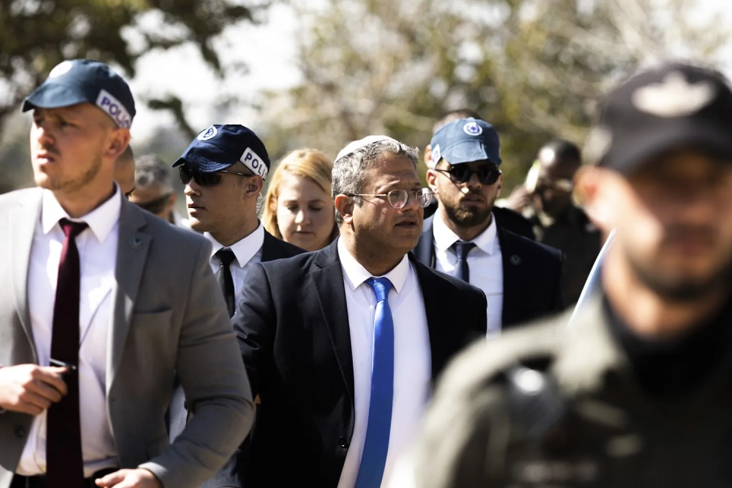 20 February 2023, Israel, Jerusalem: Israeli Minister of National Security Itamar Ben-Gvir watches a protest against the judicial reforms, outside the Knesset in Jerusalem. (dpa)