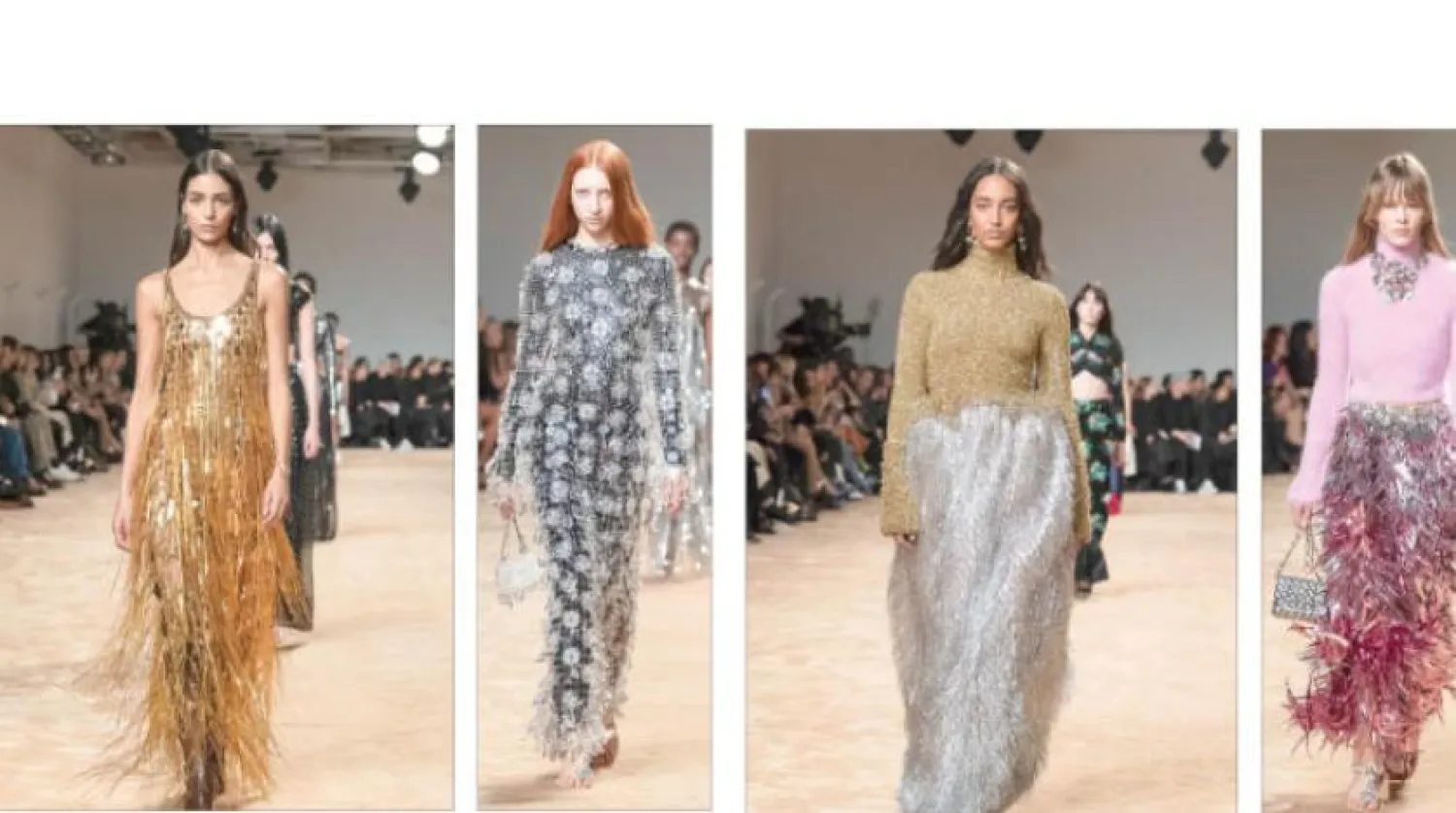 Paco Rabanne'nin ses kaydıyla başlayan sonbahar-kış 2023 alışılmışın dışında bir defile- Altın ve gümüş gibi metalik renklerde parıldayan kısa ve uzun elbiseler (Paco Rabanne Moda Evi)