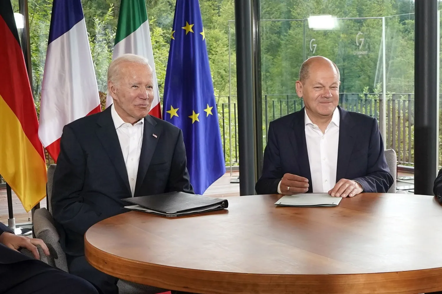 President Joe Biden and German Chancellor Olaf Scholz meet on the sidelines of the G7 summit at Castle Elmau in Kruen, near Garmisch-Partenkirchen, Germany, on June 28, 2022. (AP)
