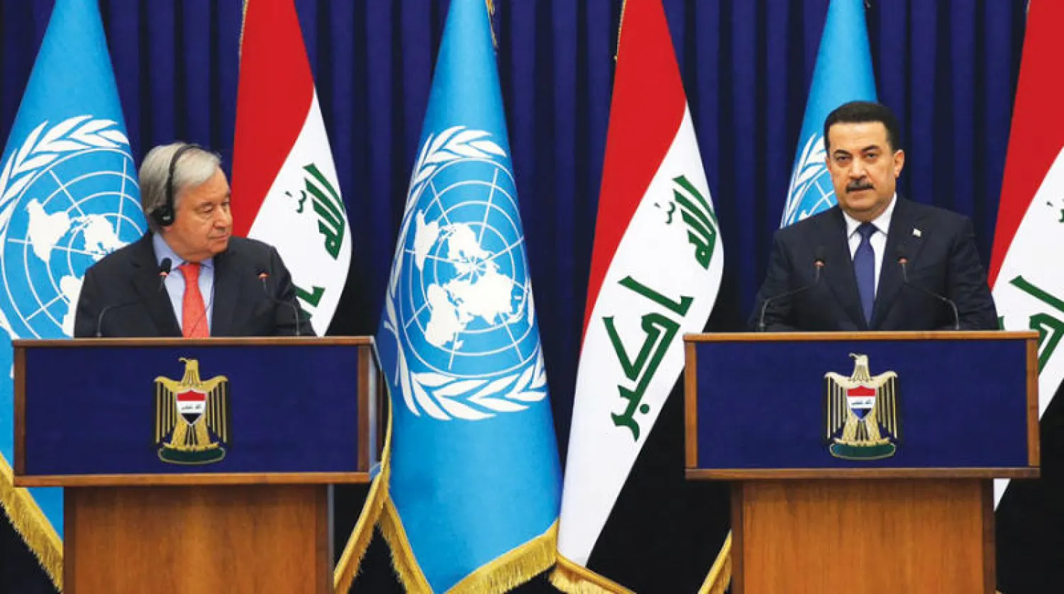 مؤتمر صحافي للسوداني وغوتيريش في بغداد 1 مارس (أ.ف.ب)