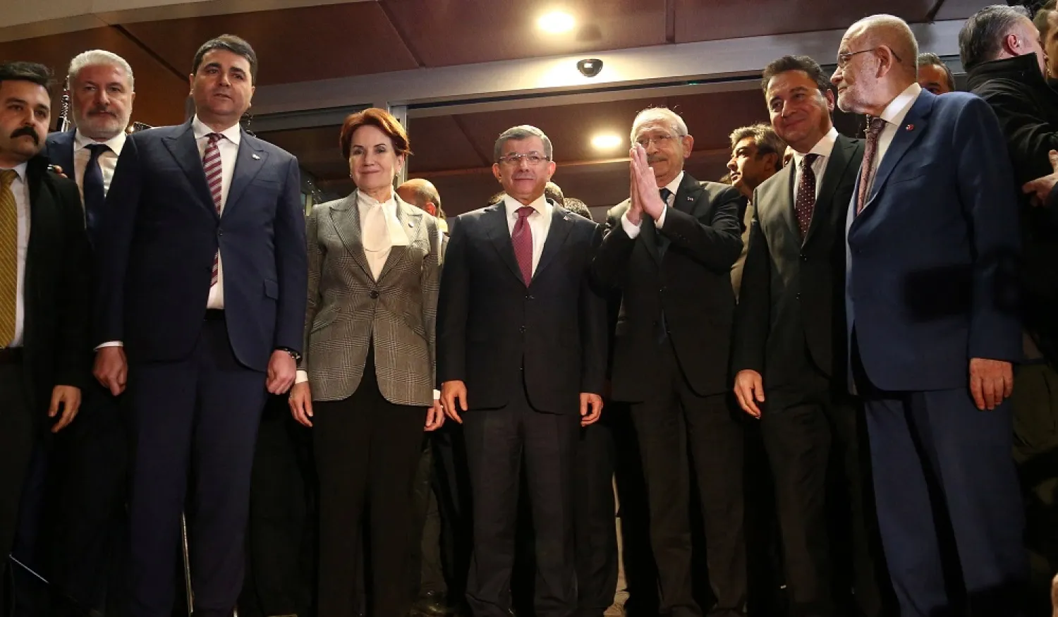 Leaders of the six-party opposition alliance, Gultekin Uysal of Democratic Party, Meral Aksener of IYI Party, Ahmet Davutoglu of Gelecek (Future) Party, Kemal Kilicdaroglu of Republican People's Party (CHP), Ali Babacan of DEVA Party and Temel Karamollaoglu of Felicity Party pose following their meeting in Ankara, Türkiye March 6, 2023. (Reuters)