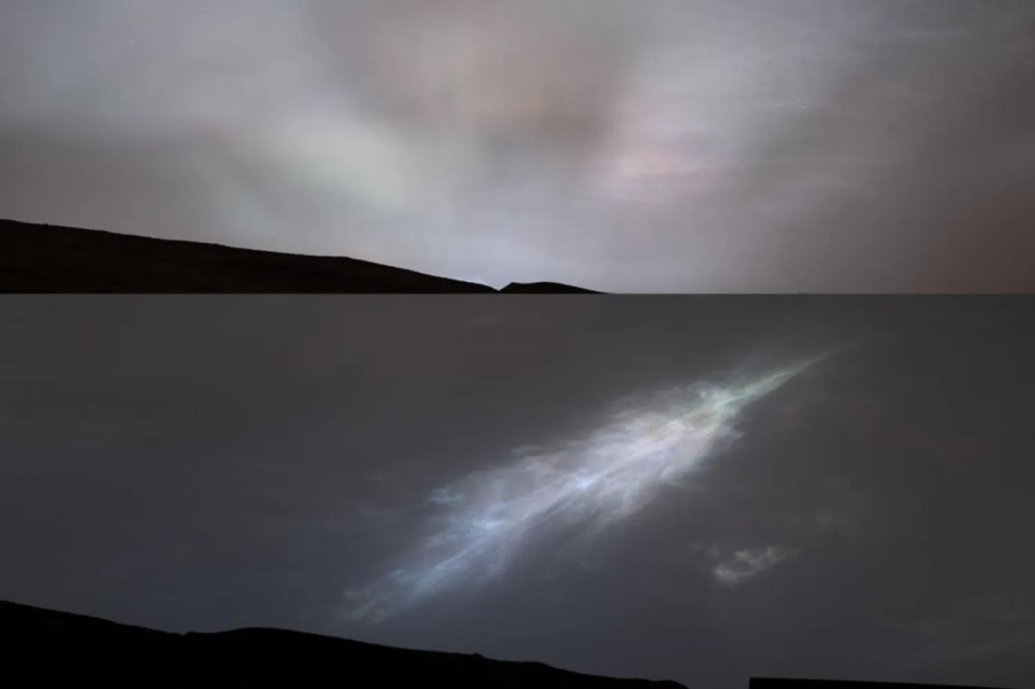 Araştırmacılar, görüntülerden ilkinin (üstte) tam günbatımı sırasında, ikincisinin ise (altta) Güneş kaybolduktan hemen sonra çekildiğini söylüyor (NASA)