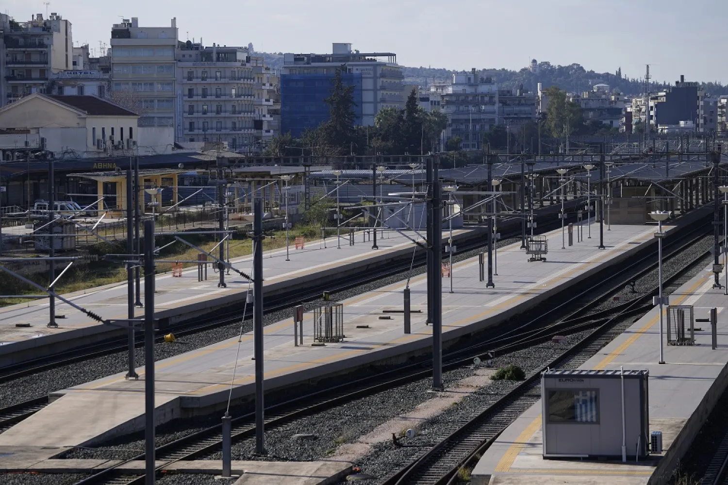Platforms are empty at the main train station during a 24-hour nationwide strike in Athens, Greece, Wednesday, March 8, 2023. (AP)