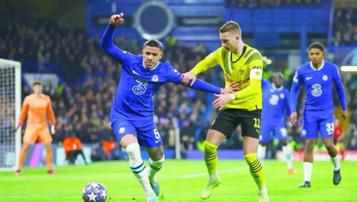 إنزو فرنانديز لعب  دوراً بارزاً في فوز تشيلسي على دورتموند والتأهل لدور الثمانية بدوري أبطال أوروبا (رويترز)