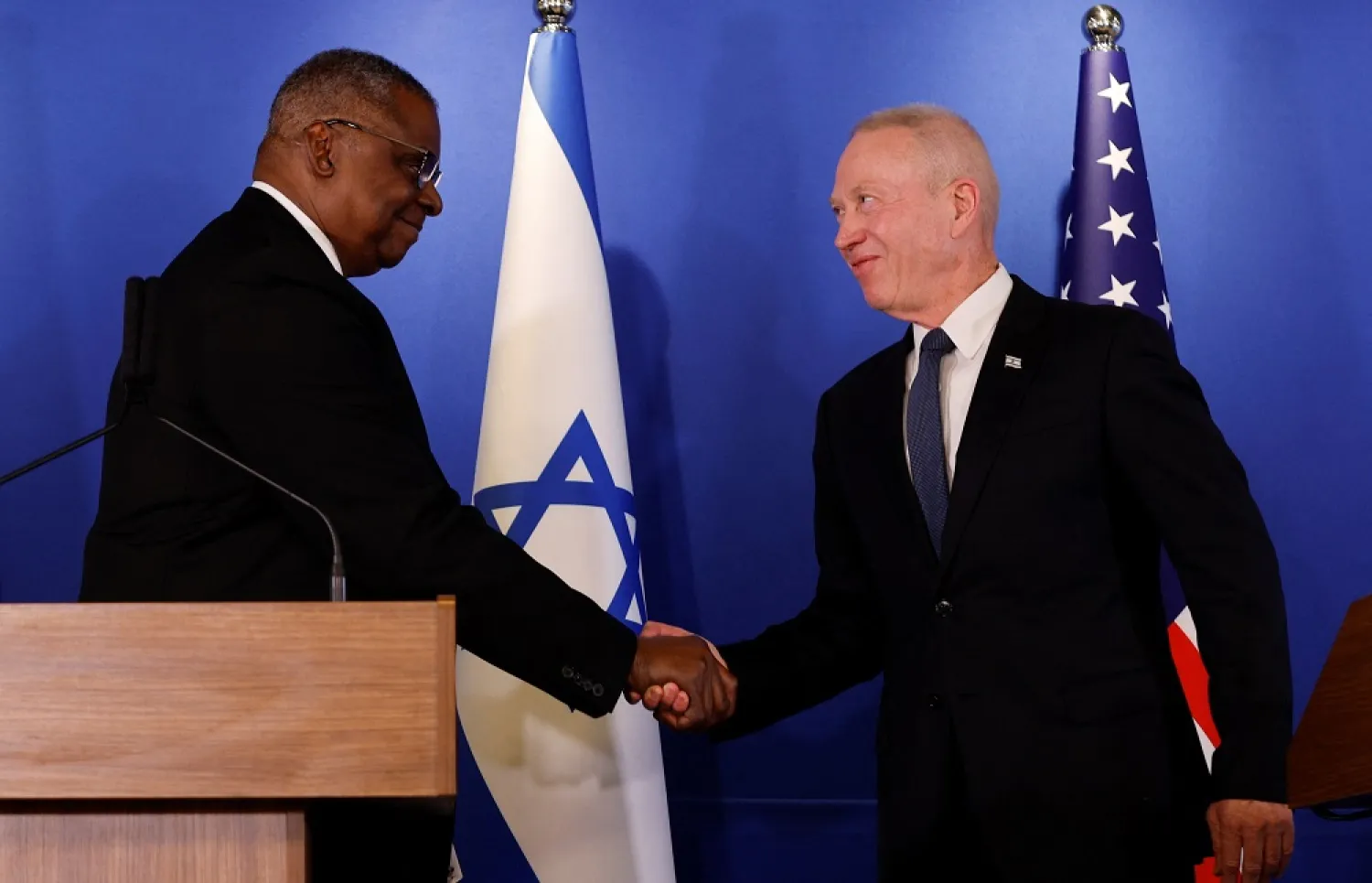 US Secretary of Defense Lloyd Austin meets Israeli Defense Minister Yoav Gallant at a news conference at Ben Gurion Airport in Lod, Israel, March 9, 2023. (Reuters)
