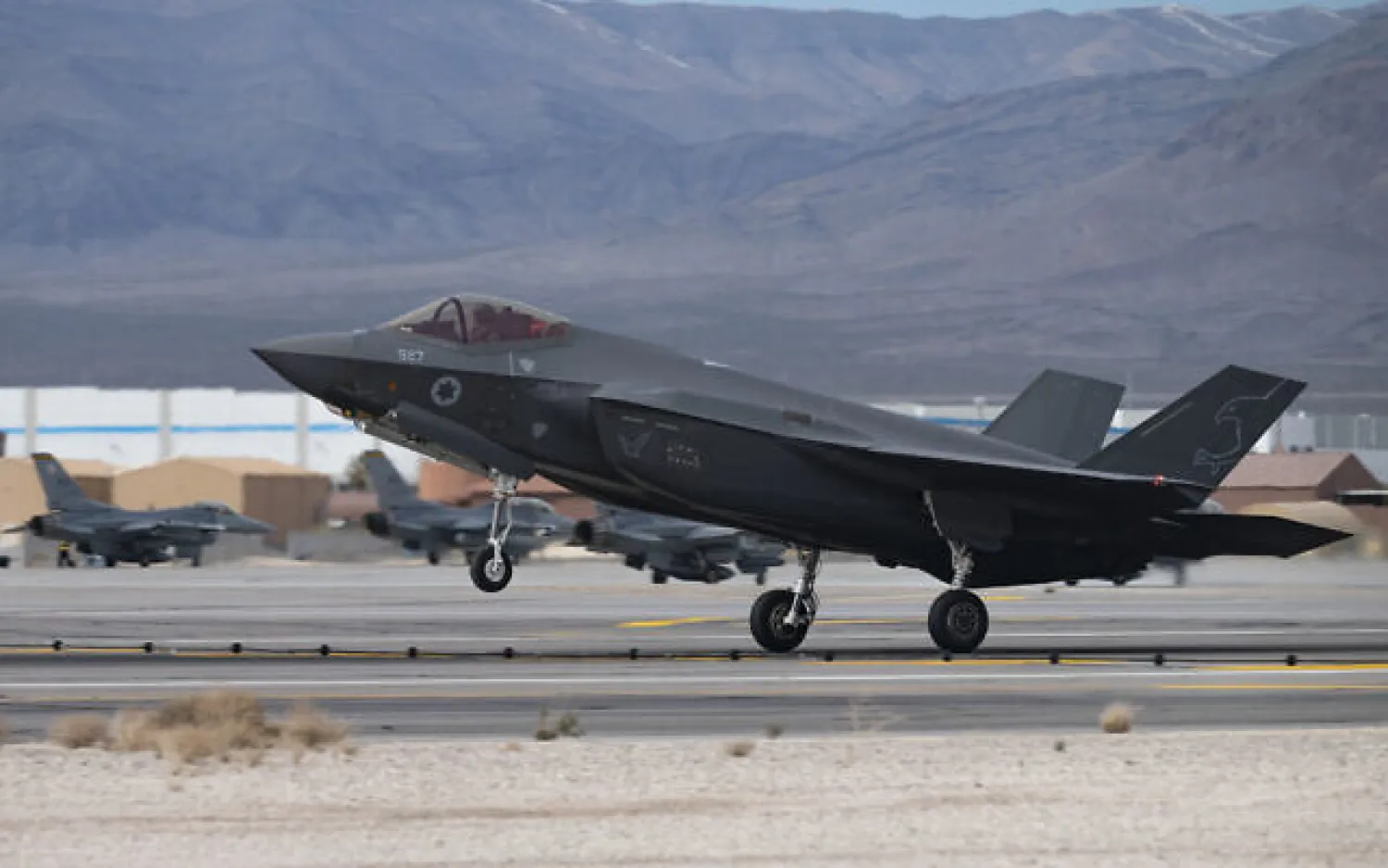An F-35I fighter jet lands to prepare for Red Flag-Nellis 23-2 at Nellis Air Force Base (US Air Force)
