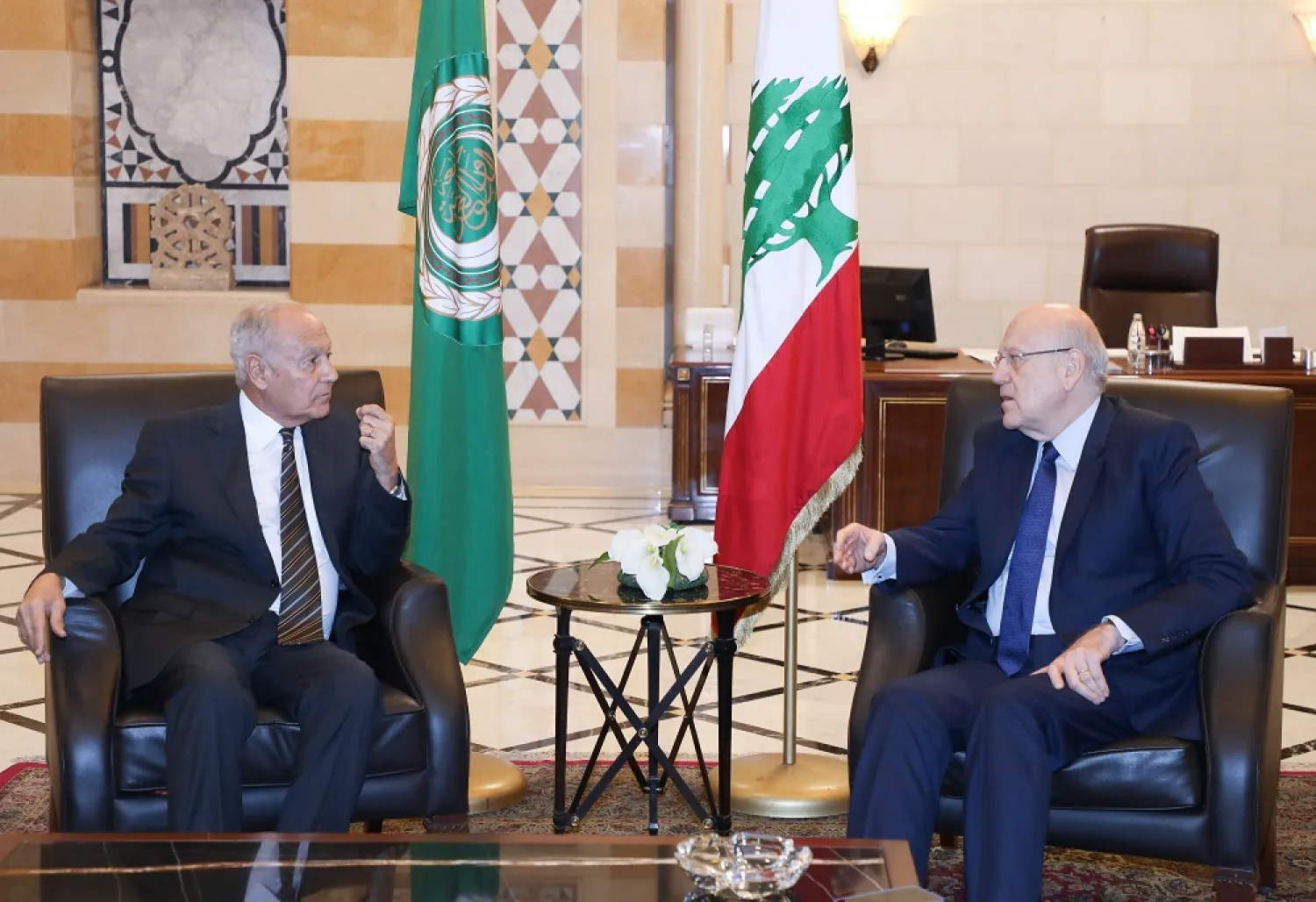 Lebanese caretaker Prime Minister Najib Mikati and Arab League Secretary-General Ahmed Aboul Gheit meet in Beirut. (Dalati & Nohra)