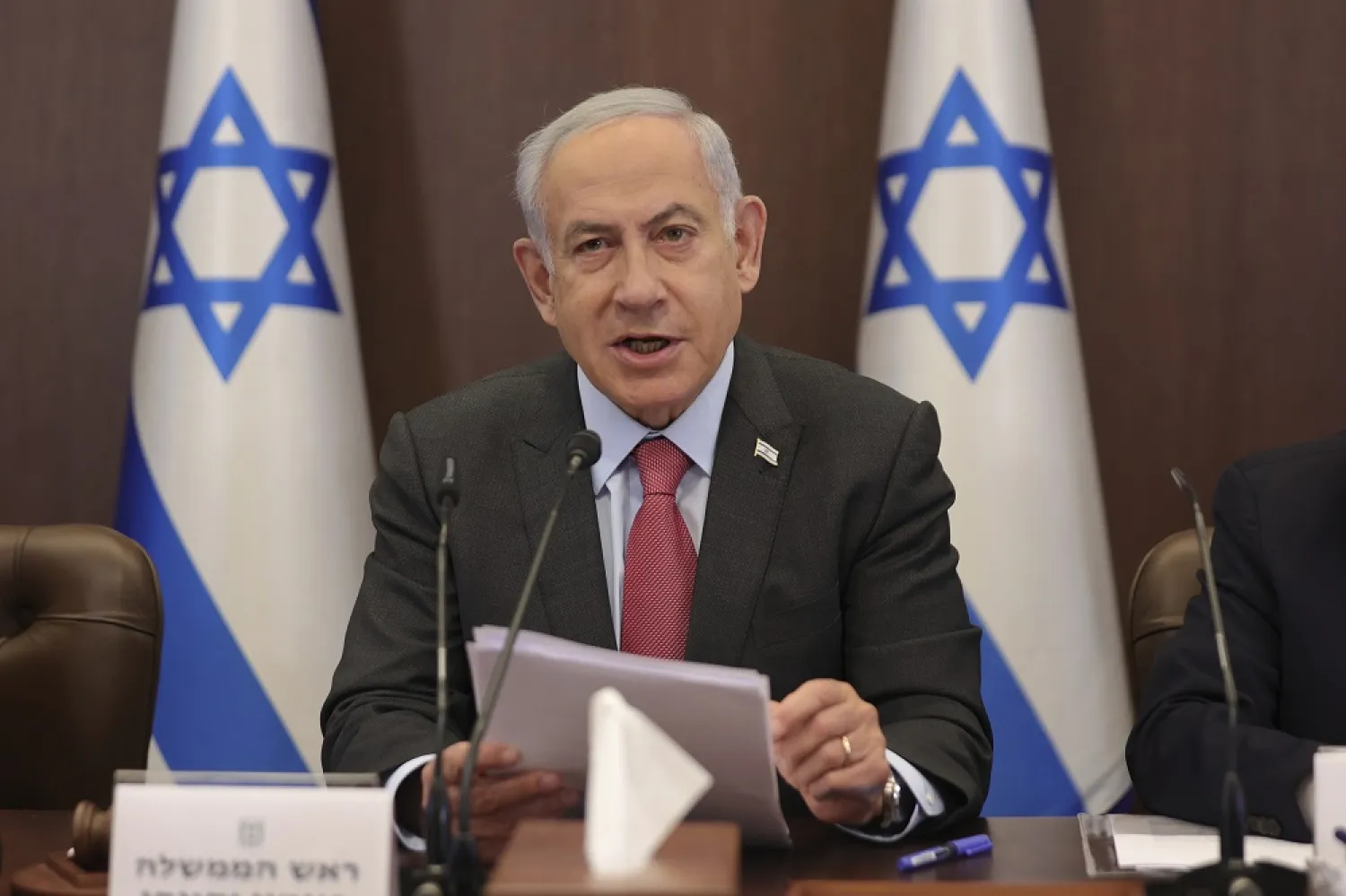 Israeli Prime Minister Benjamin Netanyahu attends the weekly cabinet meeting at the prime minister's office in Jerusalem Sunday, March 19, 2023. (AP) 