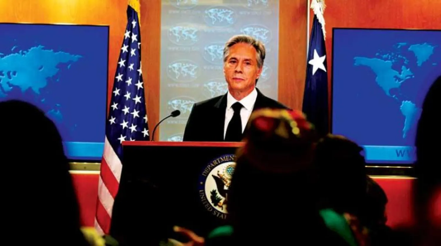 وزير الخارجية الأميركي أنتوني بلينكن خلال مؤتمر صحافي حول التقرير السنوي لحقوق الإنسان في واشنطن أمس (أ.ف.ب)